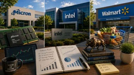 Rekomendasi Saham Hari Ini: MU, INTC, WMT (5 Agustus 2026) Investment-themed desk scene with Micron, Intel, and Walmart logos in the background; foreground shows a notebook, stock charts, a bull statue, books, a memory module, and a grocery cart full of items.