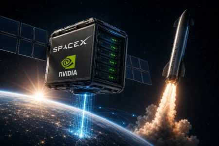 SpaceX Gandeng Nvidia untuk Bawa Pusat Data ke Orbit A satellite-like server cube labeled SpaceX and NVIDIA in orbit with solar panels, rocket launch in the background toward space.