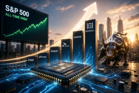 Tech-finance scene with an upward arrow, S&P 500 all-time high on a monitor, and stacked chip logos (Intel, AMD, Micron, SK hynix, Sandisk, Marvell) near a bull statue on a circuit board.