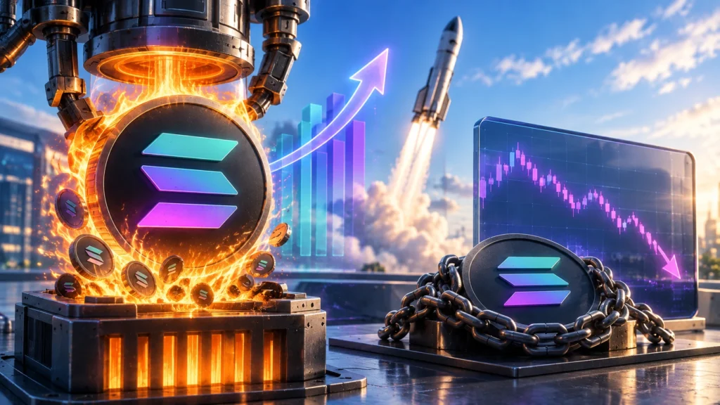 Solana Rombak Tokenomics, Harga SOL Masih Tertahan Futuristic minting scene with Solana coins, fiery forge, stacked coins, a rising chart, and a rocket in the background.