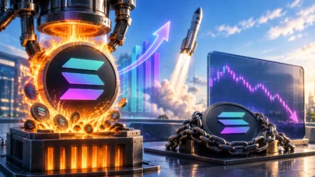 Solana Rombak Tokenomics, Harga SOL Masih Tertahan Futuristic minting scene with Solana coins, fiery forge, stacked coins, a rising chart, and a rocket in the background.
