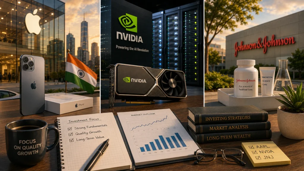 Rekomendasi Saham Hari Ini: AAPL, NVDA, JNJ (6 Agustus 2026) Investment desk scene with an Nvidia GPU, iPhone box, India flag, charts, and finance books against a corporate backdrop including Apple and Johnson & Johnson signage in the distance.