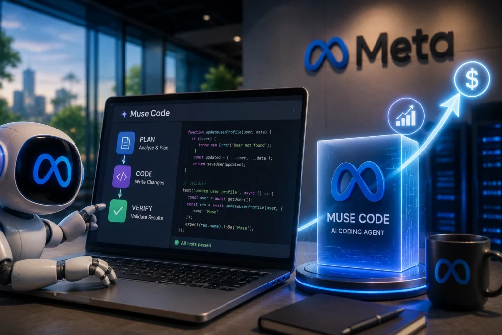 Meta Kejar Monetisasi AI Lewat Muse Code Robot mascot pointing at a laptop screen displaying 'Muse Code' UI in a Modern office with Meta signage in the background