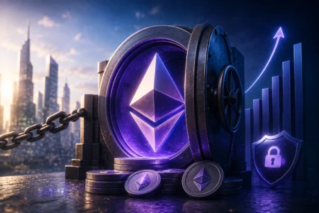Ethereum Kaji Aturan Baru Staking, ETH Makin Langka? Ethereum logo glowing inside a vault with stacked coins and a rising graph, symbolizing crypto security and growth.