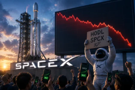 Saham SpaceX Anjlok, Investor Ritel Belum Menyerah SpaceX launch site at sunset with a crowd holding phones that say 'BUY' and a person in a spacesuit holding a sign reading 'HODL SPXC' in front of a red downward stock chart.