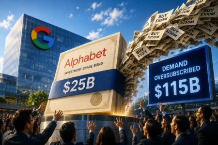 Obligasi Alphabet Diburu, Permintaan Tembus US$115 Miliar Crowd of suited professionals celebrate Alphabet's $25B investment-grade bond with a 'Demand oversubscribed' $115B display in the foreground.