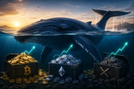 Akumulasi Whale Menguat di Bitcoin, Ethereum, dan XRP Underwater scene of a large whale beside three treasure chests spilling crypto coins (Bitcoin, Ethereum, XRP) with rising arrows suggesting market growth.