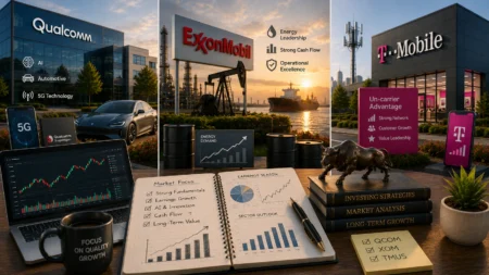 Rekomendasi Saham Hari Ini: QCOM, XOM, TMUS (7 Agustus 2026) Collage of tech and energy brands (Qualcomm, ExxonMobil, T-Mobile) with 5G icons, office buildings, and a trading desk.