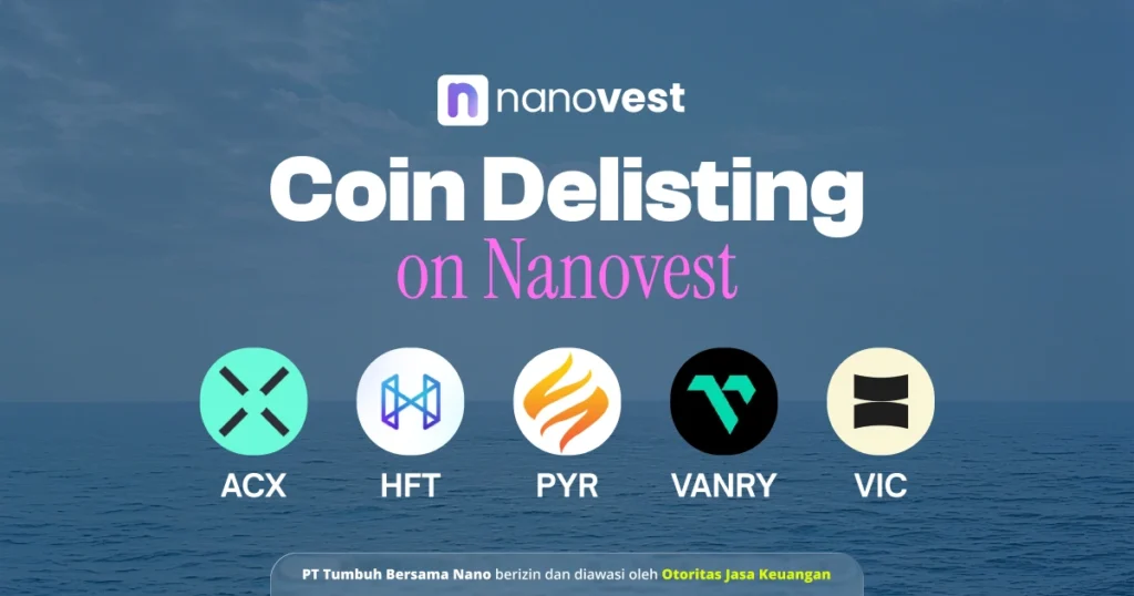 Pengumuman Penghapusan (Delisting) Koin ACX, HFT, PYR, VANRY, dan VIC Banner announces Coin Delisting on Nanovest with Nanovest logo and five coin logos (ACX, HFT, PYR, VANRY, VIC) over a seascape background.