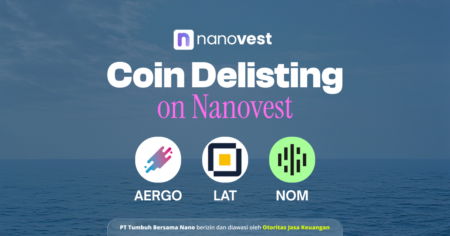 Pengumuman Penghapusan (Delisting) Koin AERGO, LAT, dan NOM Banner announcing Coin Delisting on Nanovest with three circular icons for AERGO, LAT, and NOM over an ocean backdrop.