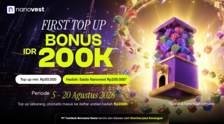 FIRST TOP UP, BONUS 200K (AGUSTUS 2026) Promotional banner for Nanovest: a purple gift box bursts with colorful presents against a city backdrop, announcing a 'First Top Up Bonus IDR 200K' for August 5–20, 2026 with callouts about minimum top-up and rewards.