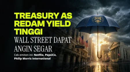 Treasury AS Redam Yield Tinggi, Wall Street Dapat Angin Segar Stormy Wall Street scene with a blue umbrella bearing the U.S. Treasury seal, illustrating a article about Treasury yields.