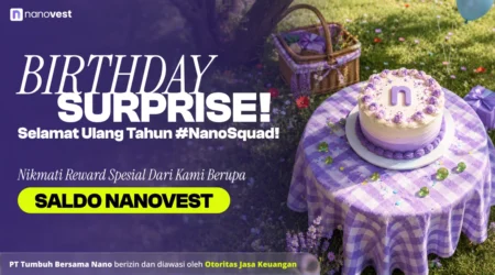 BIRTHDAY SURPRISE AUGUST 2026 Banner with purple cake and garden setting announcing NanoVest birthday surprise and rewards.
