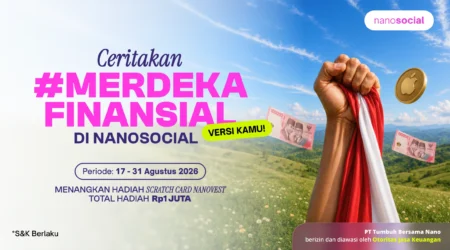 #MerdekaFinansial Promotional banner for #MERDEKA FINANSIAL by NanoSocial, showing a raised fist gripping a red-and-white scarf, currency notes, and a coin against a blue sky and countryside.