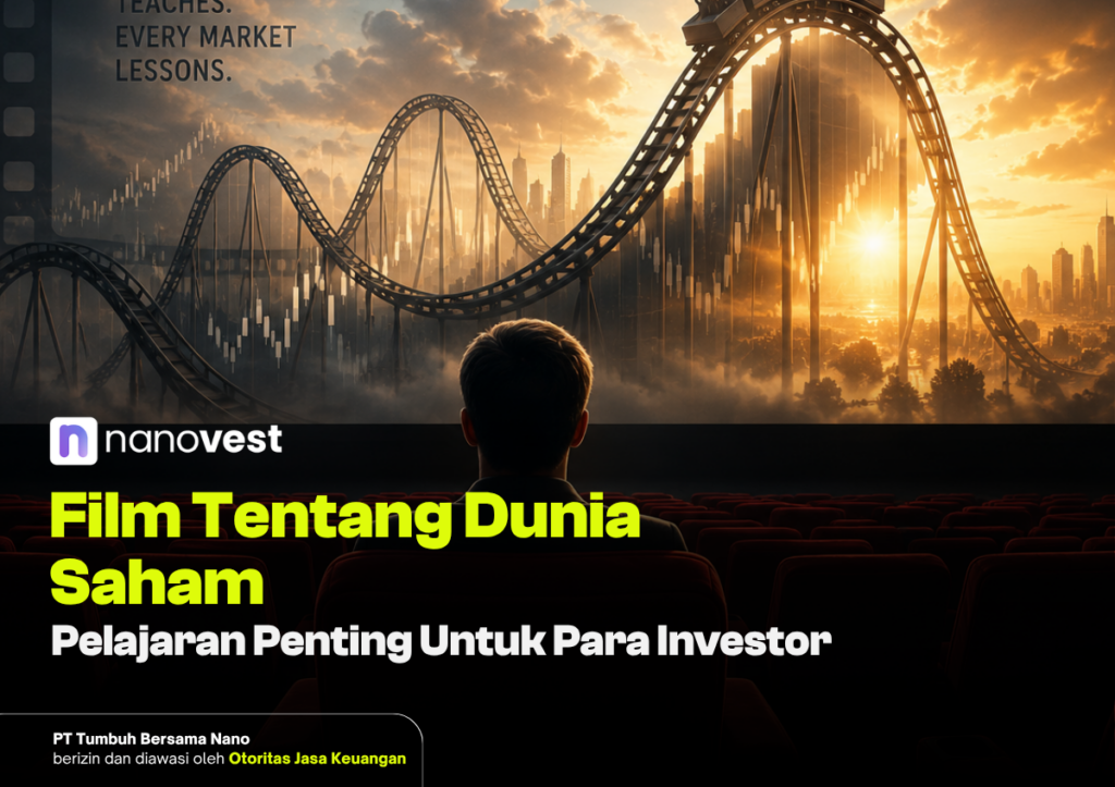 10 Film tentang Saham dan Pelajaran Penting bagi Investor Promotional banner for Nanovest: 'Film Tentang Dunia Saham' with a person in a dark theater, a sunset city skyline, and a roller-coaster symbolizing market volatility.