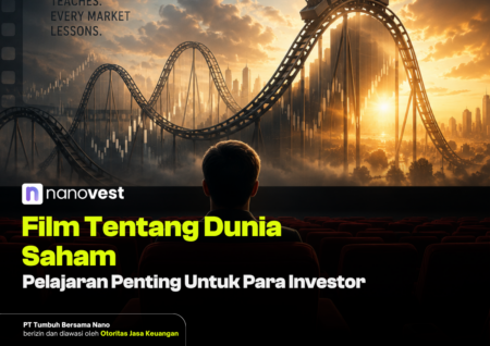 10 Film tentang Saham dan Pelajaran Penting bagi Investor Promotional banner for Nanovest: 'Film Tentang Dunia Saham' with a person in a dark theater, a sunset city skyline, and a roller-coaster symbolizing market volatility.