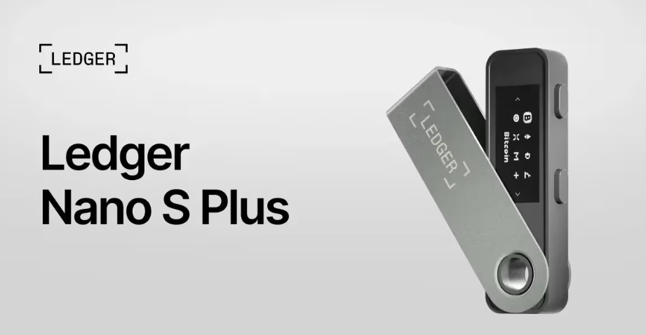 2222 - Blog Nanovest Ledger Nano S Plus hardware wallet with a tilted metal key in front of a gray gradient background, logo at top-left