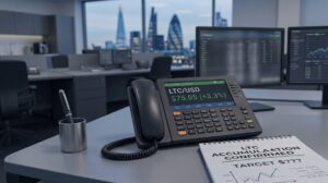 Office trading desk with a speakerphone, two monitors, and a notebook reading 'LTC ACCUMULATION CONFIRMED' on the desk