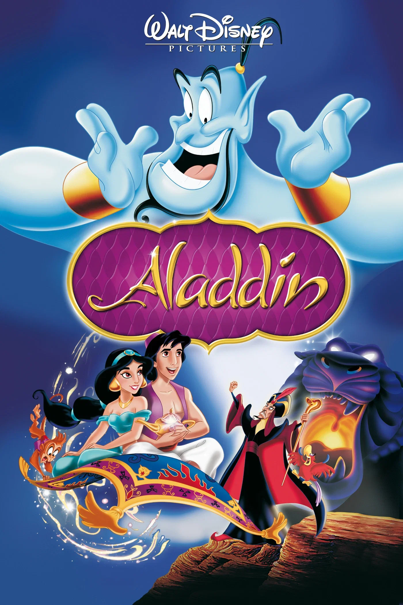 Aladdin (1992) - Blog Nanovest Poster for Disney's Aladdin featuring a grinning Genie above a purple, gold-framed title banner