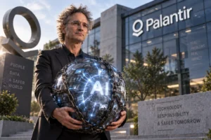 Alex Karp holding a heavy AI core in front of Palantir headquarters