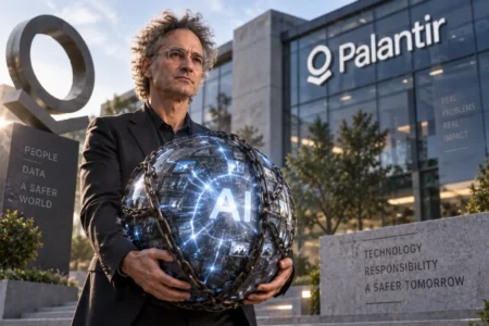 Alex Karp memegang inti AI berat di depan kantor pusat Palantir - Blog Nanovest Alex Karp holding a heavy AI core in front of Palantir headquarters