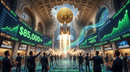 Analisis Pasar Kripto Terkini: Bitcoin Melonjak ke $85 Ribu, Sektor DeFi Tunjukkan Ketahanan Signifikan Businesspeople in suits raise their arms as a rocket launches toward a glowing Bitcoin coin, with green crypto charts on large displays behind them.