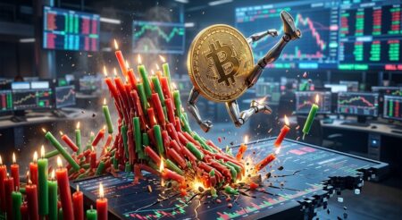 Bitcoin Bertahan Hadapi Lonjakan Imbal Hasil Obligasi AS 52 - Blog Nanovest Bitcoin coin with a robotic arm leaping over a mound of red and green candlesticks on a trading dashboard, symbolizing market volatility and crash.