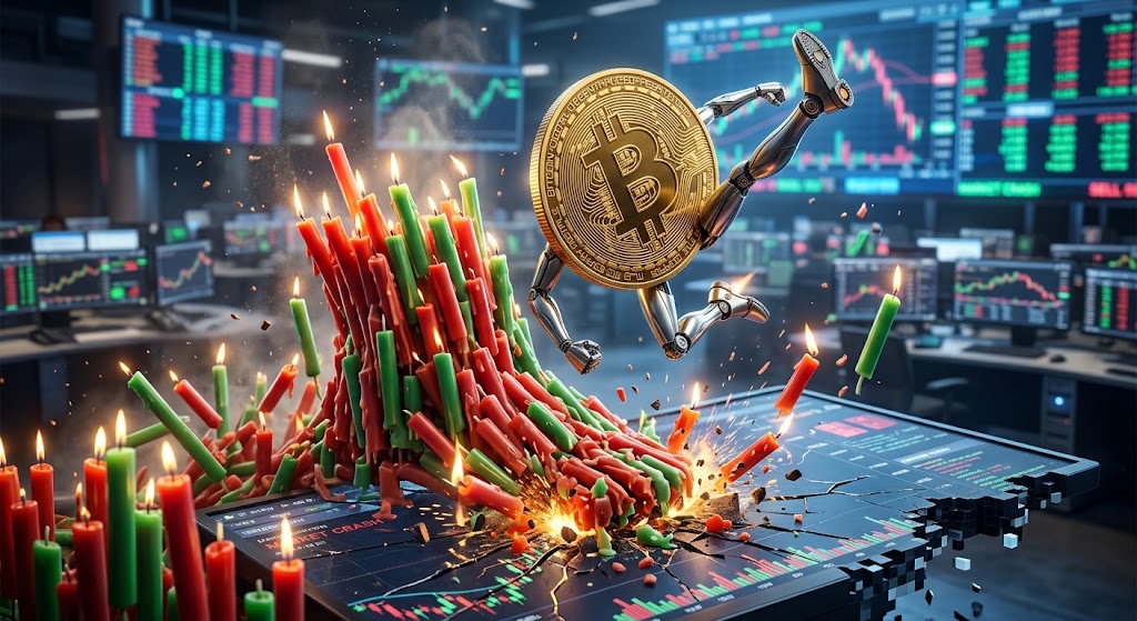 Bitcoin coin with a robotic arm leaping over a mound of red and green candlesticks on a trading dashboard, symbolizing market volatility and crash.