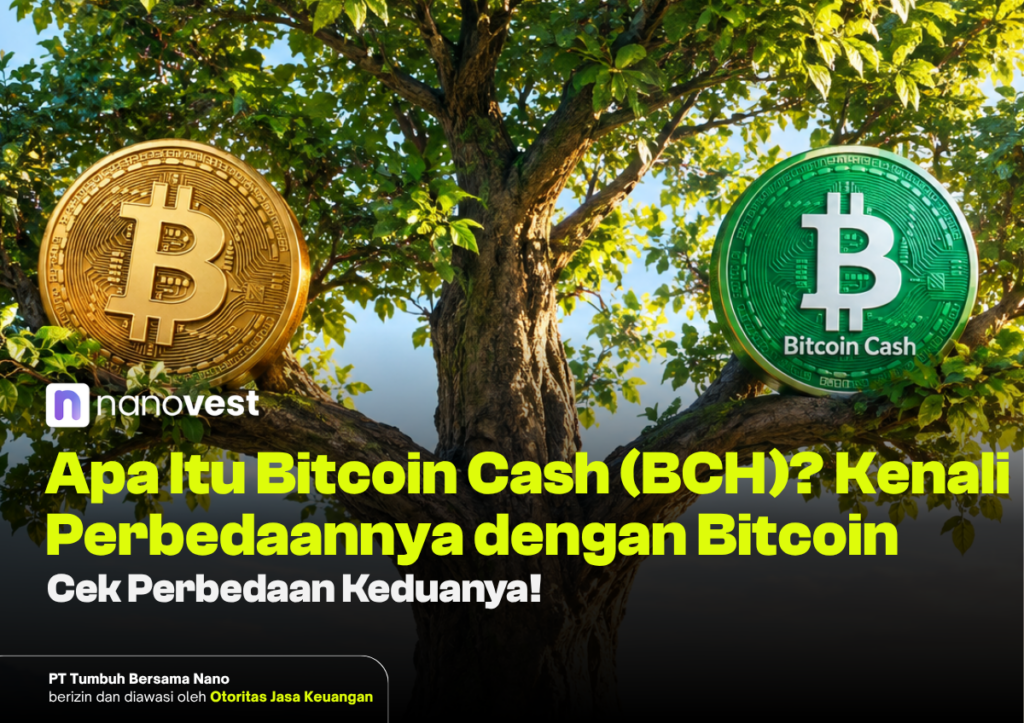 Blog Article Template 64 - Blog Nanovest Nanovest header image: gold Bitcoin and green Bitcoin Cash coins in a tree with a bold Indonesian title about BCH vs Bitcoin.