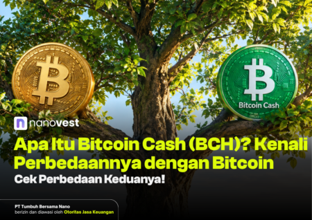 Nanovest header image: gold Bitcoin and green Bitcoin Cash coins in a tree with a bold Indonesian title about BCH vs Bitcoin.
