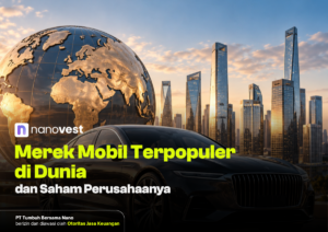 Global city skyline at sunset with a large golden globe and a black luxury car in the foreground; bright yellow Indonesian headline about the world's most popular car brands and their stocks, and a Nanovest logo in the corner.