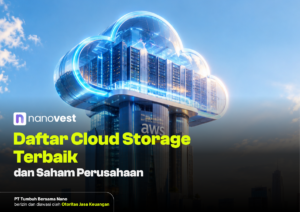 Cloud-shaped glass skyscraper with blue neon lights; Indonesian headline reads 'Daftar Cloud Storage Terbaik dan Saham Perusahaan' (Nanovest).