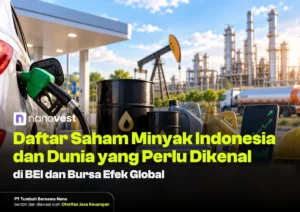 Gas station scene with oil drums and refinery towers in the background; tablet shows a rising stock chart for an Indonesian oil stocks article.