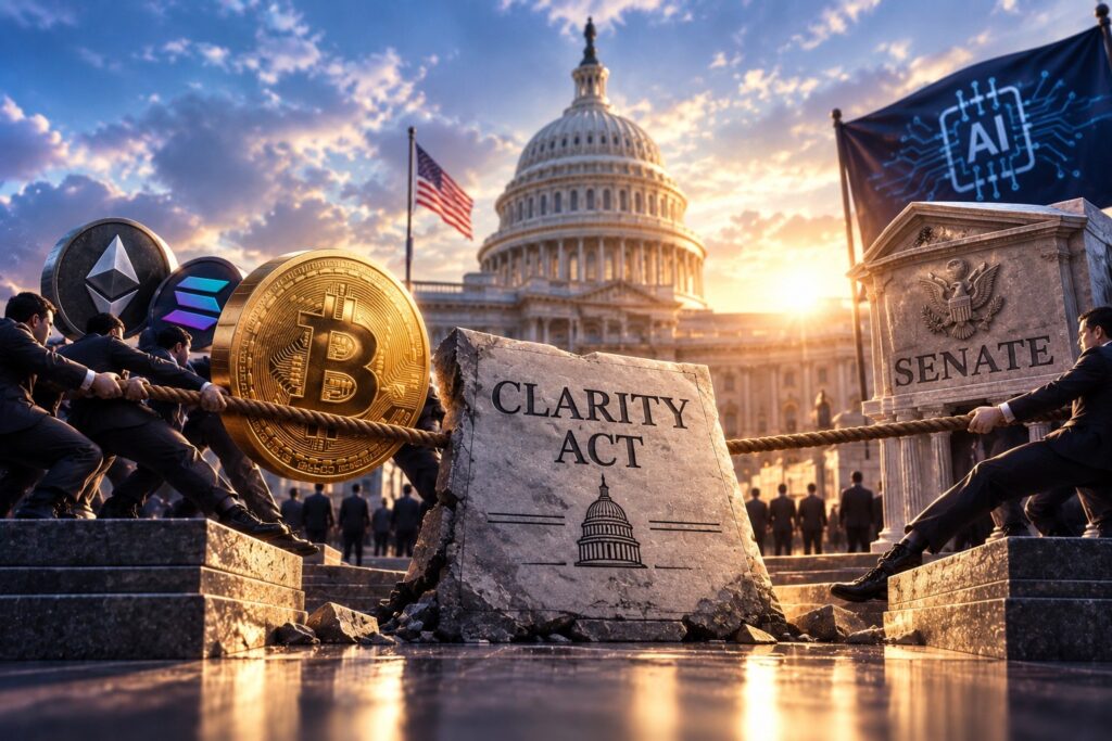 CLARITY Act Menuju Voting Senate - Blog Nanovest Men pull a rope against a giant Bitcoin coin and a slab labeled Clarity Act, with the Capitol in the background at sunset.