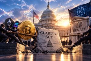 Men pull a rope against a giant Bitcoin coin and a slab labeled Clarity Act, with the Capitol in the background at sunset.