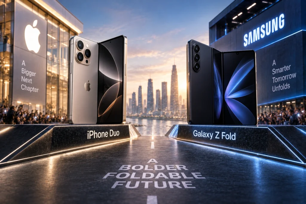 ChatGPT Image Sep 10 2026 01_24_38 PM - Blog Nanovest Ilustrasi rivalitas Apple dan Samsung di pasar smartphone foldable premium.