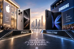 Ilustrasi rivalitas Apple dan Samsung di pasar smartphone foldable premium.
