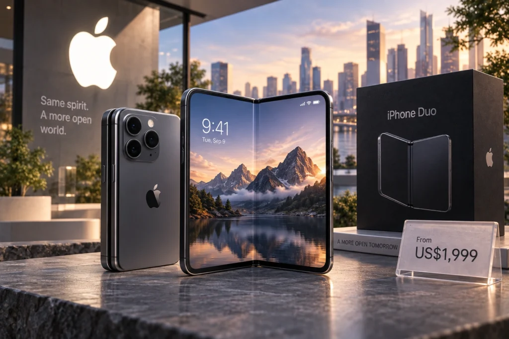 ChatGPT Image Sep 10 2026 10_23_57 AM - Blog Nanovest Ilustrasi iPhone Duo dalam posisi terbuka dan tertutup, menampilkan desain foldable pertama Apple dengan layar besar serta harga mulai US$1.999.