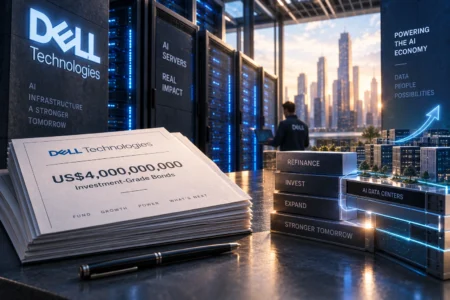 Ilustrasi obligasi Dell senilai US$4 miliar di depan deretan server AI dan data center, menggambarkan langkah refinancing perusahaan di tengah pesatnya pertumbuhan permintaan infrastruktur AI.