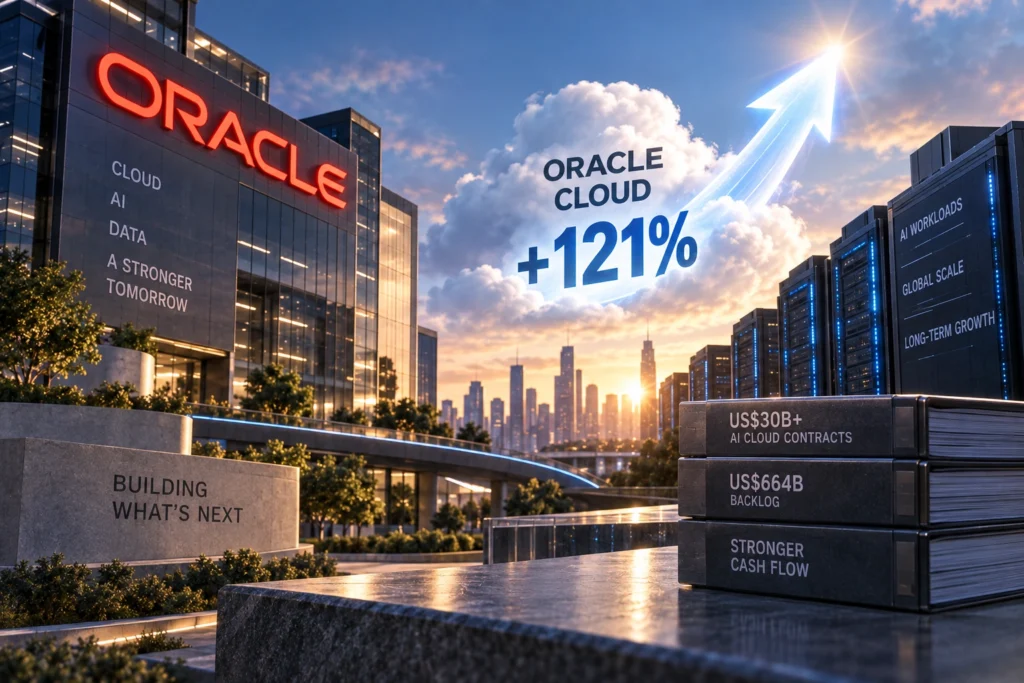 ChatGPT Image Sep 11 2026 09_47_10 AM - Blog Nanovest Ilustrasi Oracle Cloud dengan infrastruktur data center dan grafik pertumbuhan 121%, menggambarkan lonjakan bisnis cloud AI, kontrak baru, serta meredanya kekhawatiran investor terhadap belanja modal.