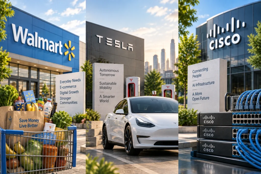 Rekomendasi Saham Hari Ini: WMT, TSLA, CSCO (14 September 2026) - Blog Nanovest Ilustrasi editorial cerah menampilkan tiga sektor pilihan saham: gerai Walmart dengan troli belanja kebutuhan sehari-hari, mobil Tesla dengan stasiun pengisian daya, serta gedung dan perangkat jaringan Cisco, merepresentasikan ketahanan konsumsi, physical AI dan autonomous mobility, serta infrastruktur networking untuk AI.
