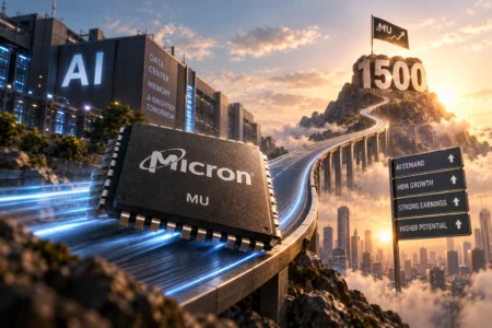 Micron Jelang Earnings, Bisakah MU Tembus US.500? - Blog Nanovest Ilustrasi chip Micron melaju menuju level yang lebih tinggi, menggambarkan optimisme jelang earnings berkat lonjakan permintaan memory chip dan HBM untuk infrastruktur AI.