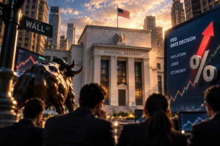 Ilustrasi gedung Federal Reserve dan investor Wall Street yang memantau keputusan suku bunga fed, menggambarkan kewaspadaan pasar terhadap inflasi dan potensi kenaikan bunga The Fed.