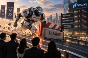 Ilustrasi robot AI berkecepatan tinggi yang menghadapi rem pengaman, menggambarkan seruan Anthropic dan OpenAI untuk memperlambat pengembangan AI serta potensi dampaknya terhadap saham teknologi.