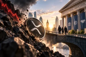 XRP coin stuck on rocks by a bridge as a city skyline glows at sunset, suggesting institutional crypto adoption.