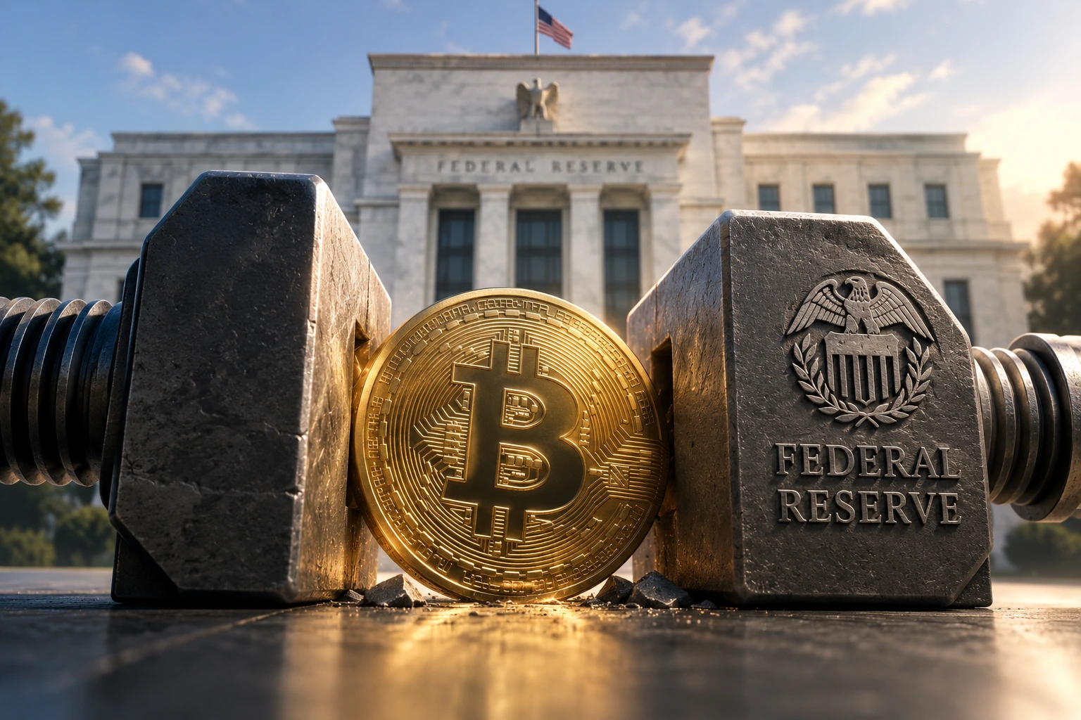 Bitcoin coin crushed between heavy dumbbells in front of a Federal Reserve building, symbolizing finance and cryptocurrency.