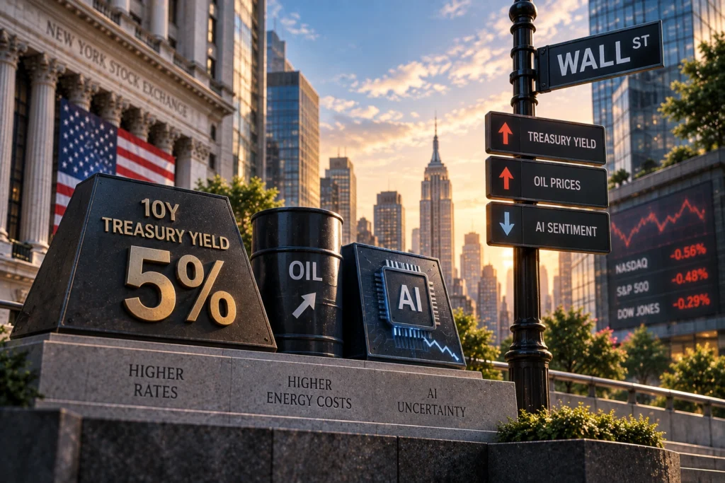 Treasury Yield 5% dan Kekhawatiran AI Tekan Wall Street - Blog Nanovest Ilustrasi Wall Street tertekan oleh kenaikan Treasury yield, harga minyak, dan ketidakpastian AI, menggambarkan kombinasi risiko yang membebani pasar saham AS menjelang keputusan The Fed.