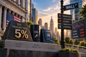 Ilustrasi Wall Street tertekan oleh kenaikan Treasury yield, harga minyak, dan ketidakpastian AI, menggambarkan kombinasi risiko yang membebani pasar saham AS menjelang keputusan The Fed.