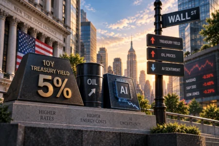 Treasury Yield 5% dan Kekhawatiran AI Tekan Wall Street - Blog Nanovest Ilustrasi Wall Street tertekan oleh kenaikan Treasury yield, harga minyak, dan ketidakpastian AI, menggambarkan kombinasi risiko yang membebani pasar saham AS menjelang keputusan The Fed.