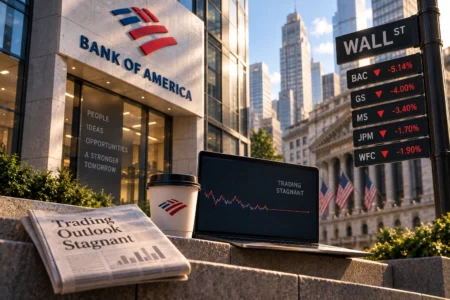 Bank of America Turun 5%, Trading Diproyeksi Stagnan - Blog Nanovest Ilustrasi Bank of America di Wall Street dengan grafik trading yang bergerak datar, menggambarkan tekanan saham BAC setelah proyeksi investment banking melemah dan pendapatan trading diperkirakan stagnan.